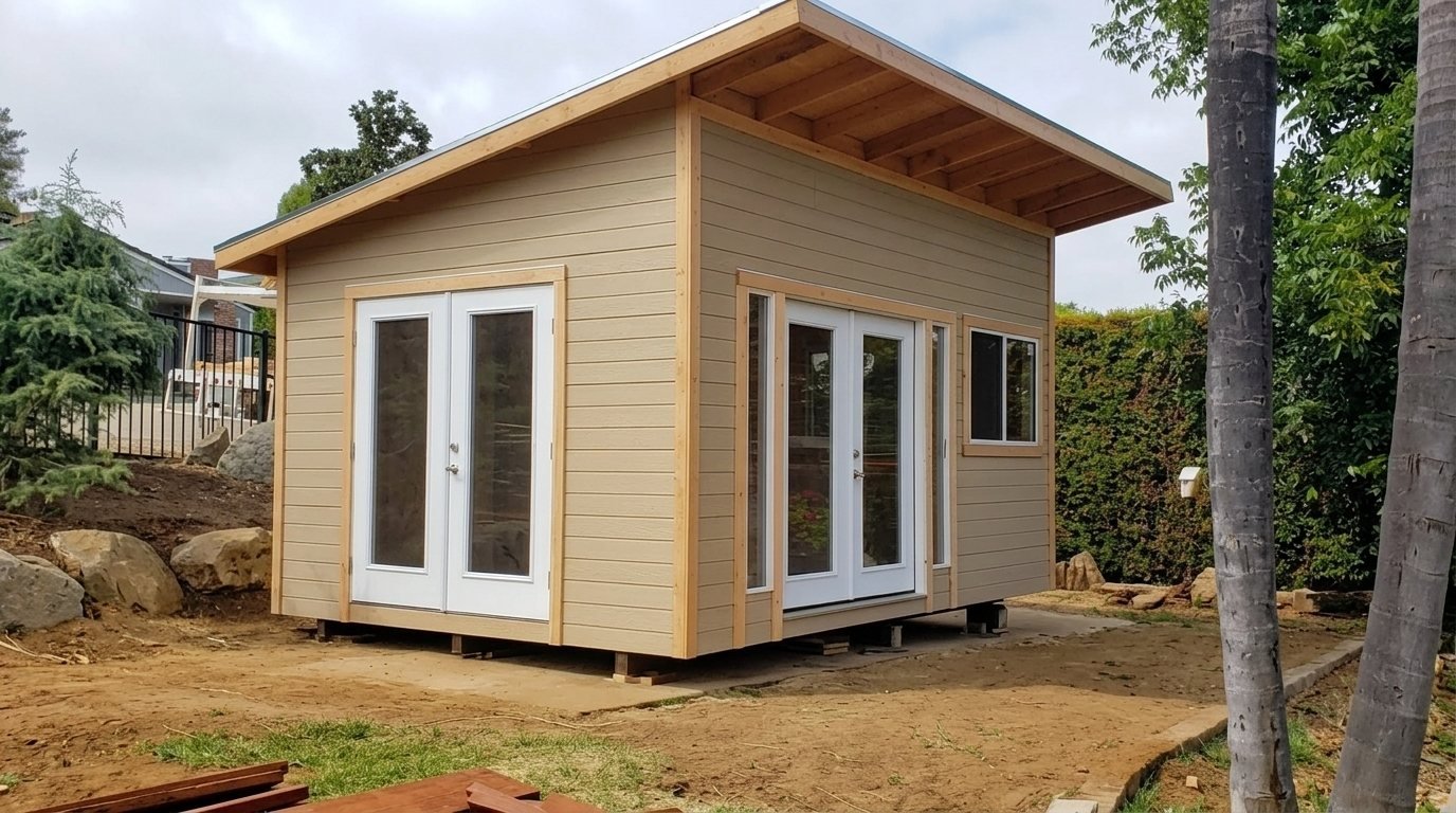 New tan shed with two white glass doors, side window, and slanted roof.