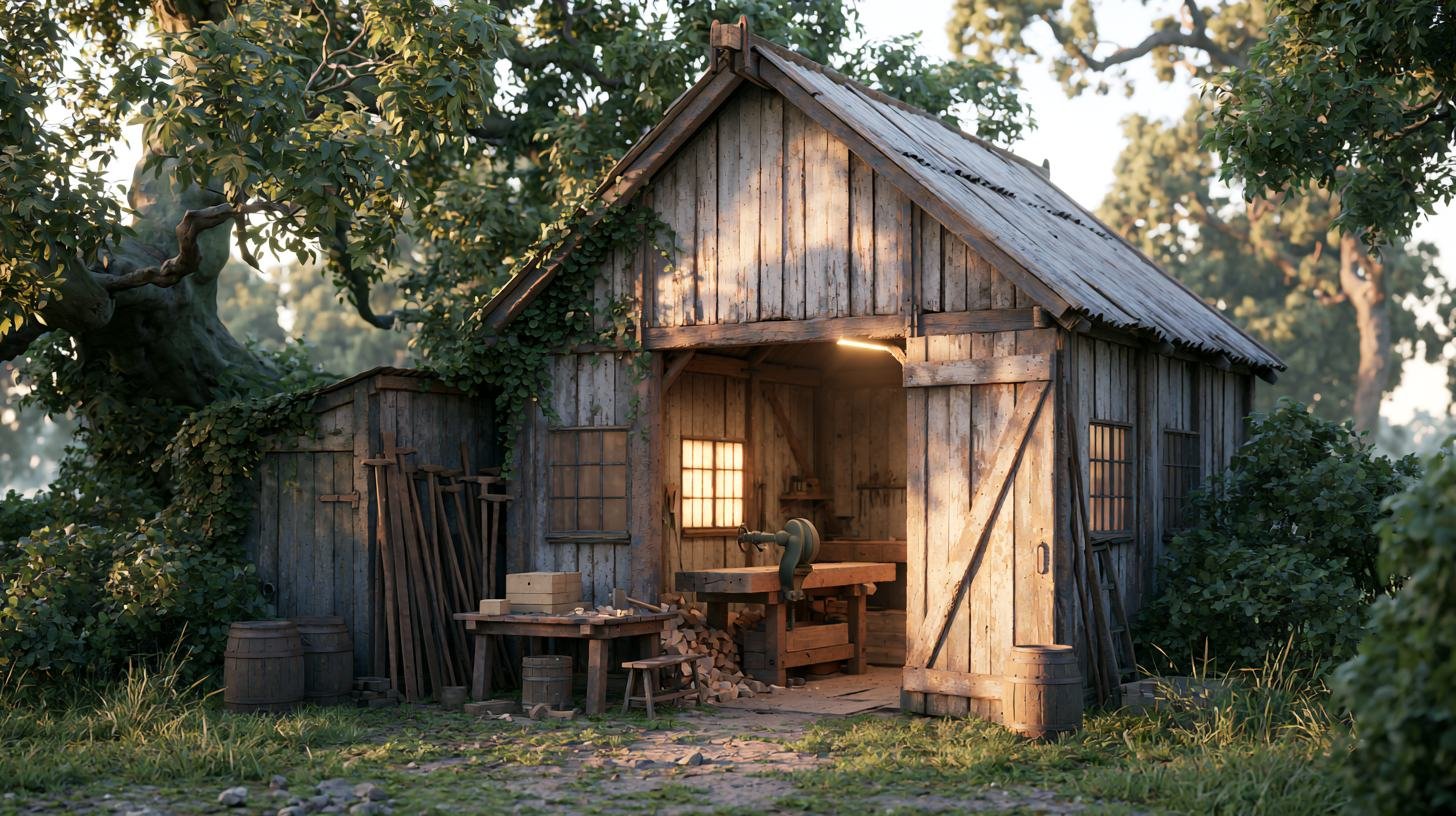 Rustic woodworking shed with open door, workbench, lumber, and barrels under trees at dusk.