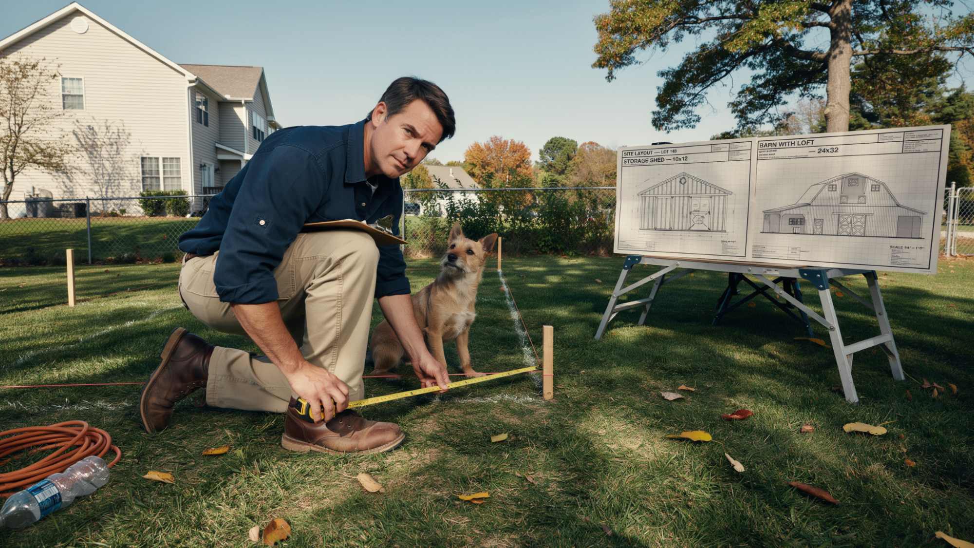Homeowner measuring area to whether build a shed or a barn.