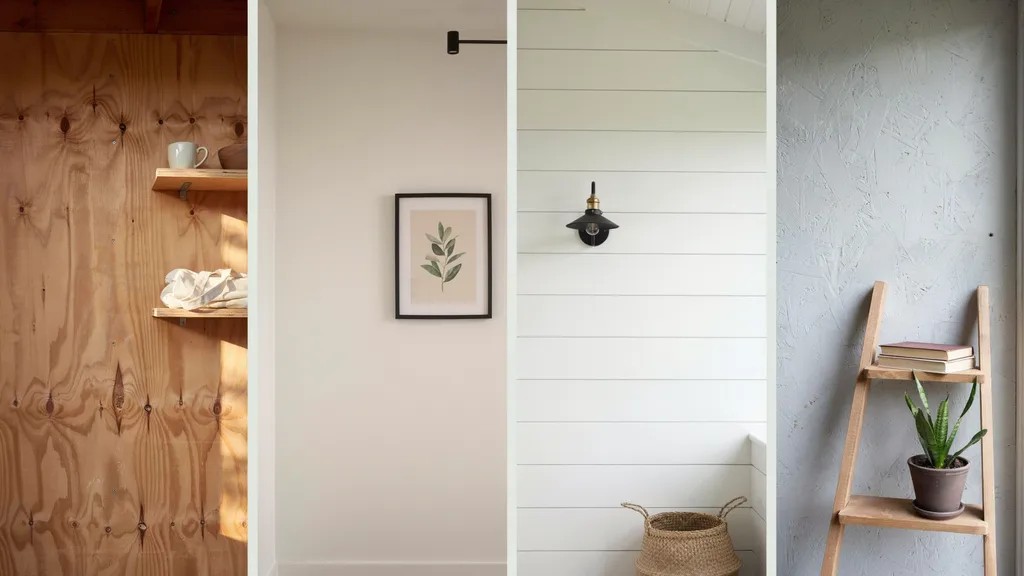Interior shed walls finished with plywood, drywall, shiplap, and painted OSB panels