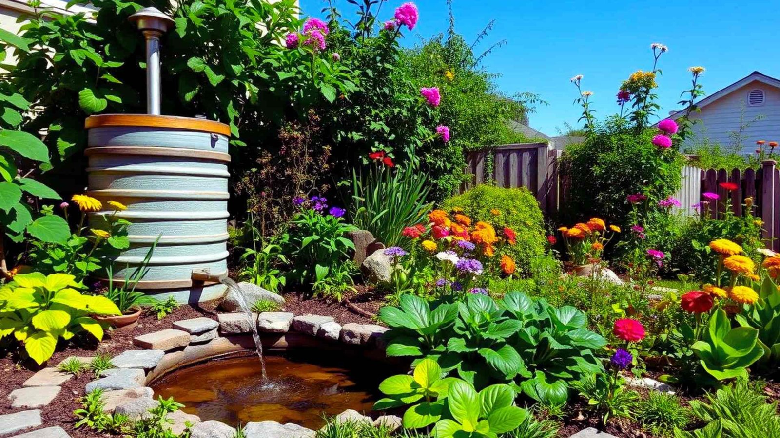 Rainwater harvesting tank overflowing into garden pond surrounded by flowers and greenery