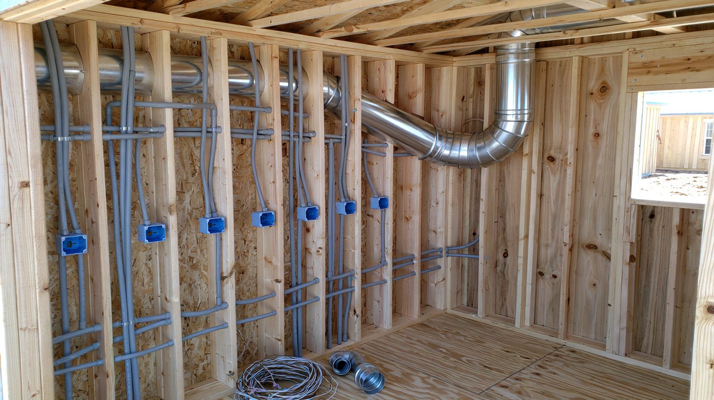 Unfinished shed interior with open studs, gray conduit, blue outlet boxes, and metal dust duct.