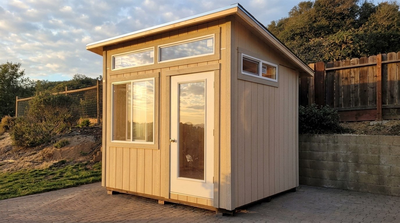 Modern tan shed with glass door, windows, and slanted roof on paved backyard patio.