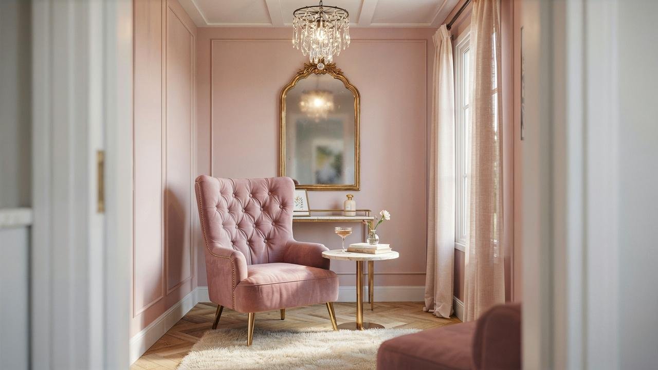 Glam-style small she shed interior.