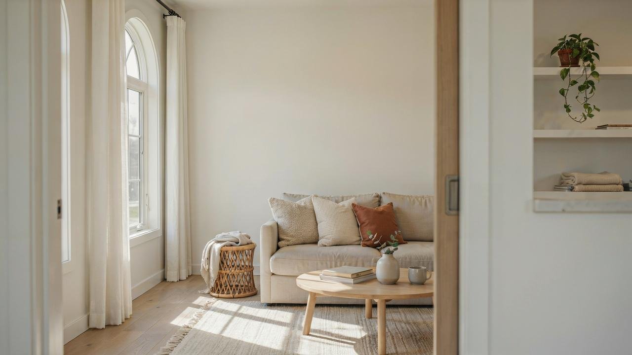 Neutral and white sheshed interior.