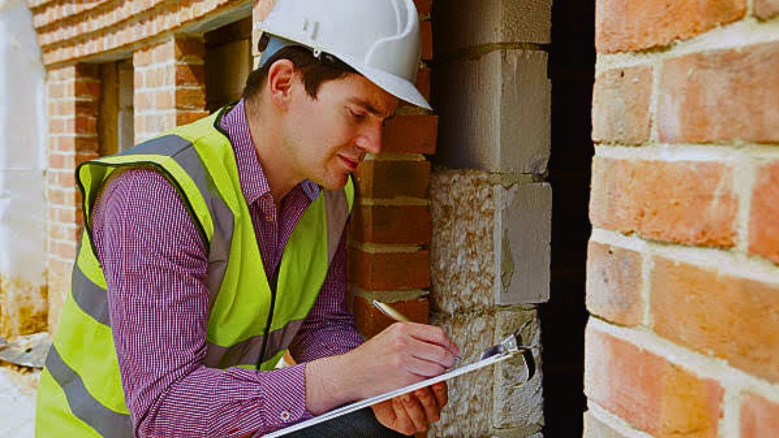 Building inspector in a white hard hat and yellow safety vest writing notes on a clipboard beside a brick wall on site.