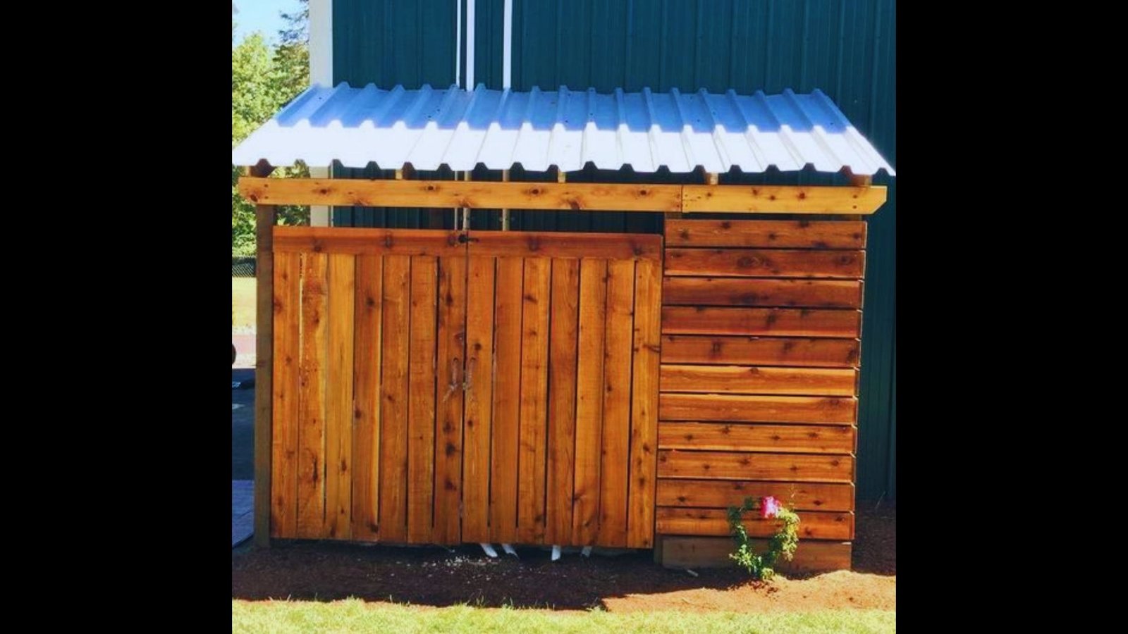 A wooden pool equipment shed with a corrugated metal roof and vertical paneling outdoors.