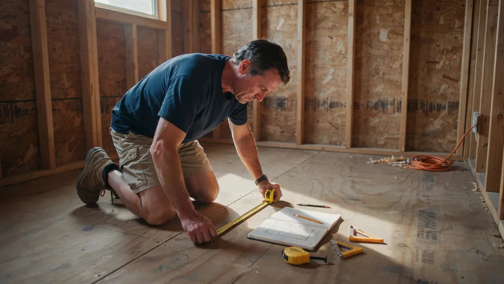 Homeowner measuring the inside shed and sketching a floor plan