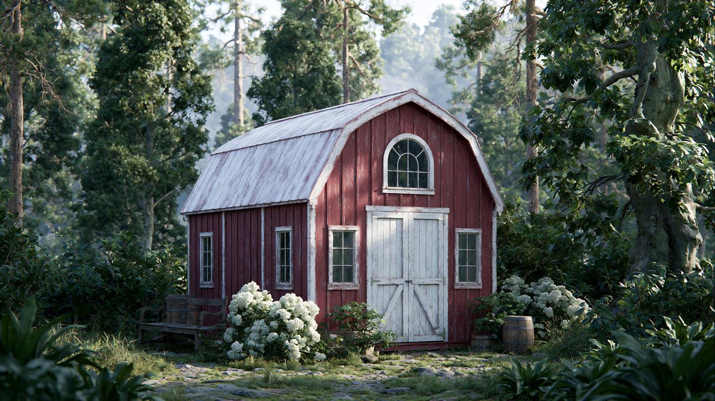 Red prefabricated shed with gambrel roof, white double doors, and arched window among trees.
