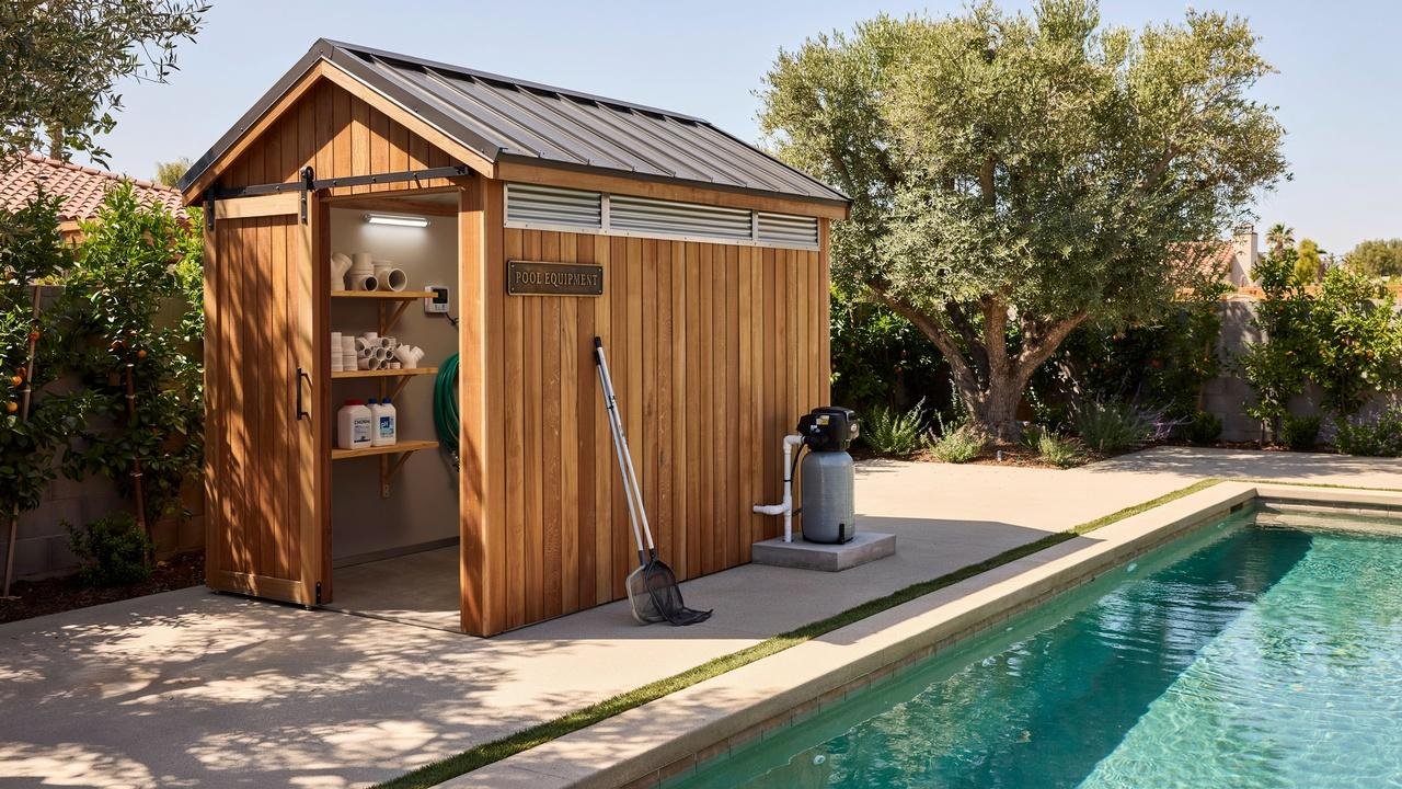 A wooden pool equipment shed with ventilated gables and open doors beside a backyard swimming pool.