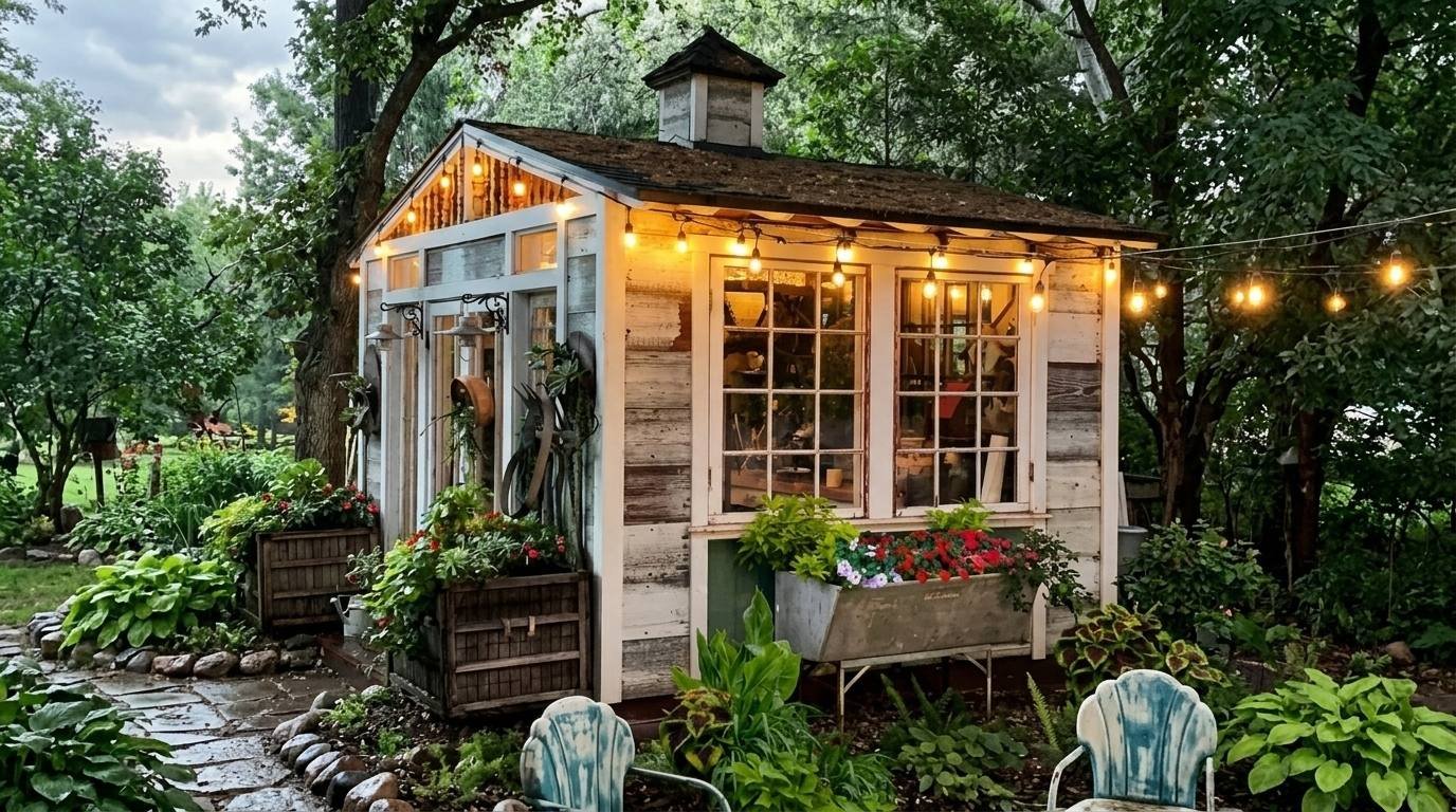 Rustic garden shed with string lights, big windows, flower boxes, and green plants around.