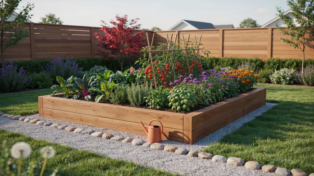 Composite raised garden bed with a wood-look finish, filled with healthy vegetables, herbs, and colorful flowers.