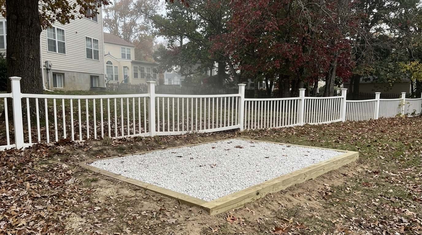 Gravel shed base with wood frame in backyard near white fence and fall leaves.