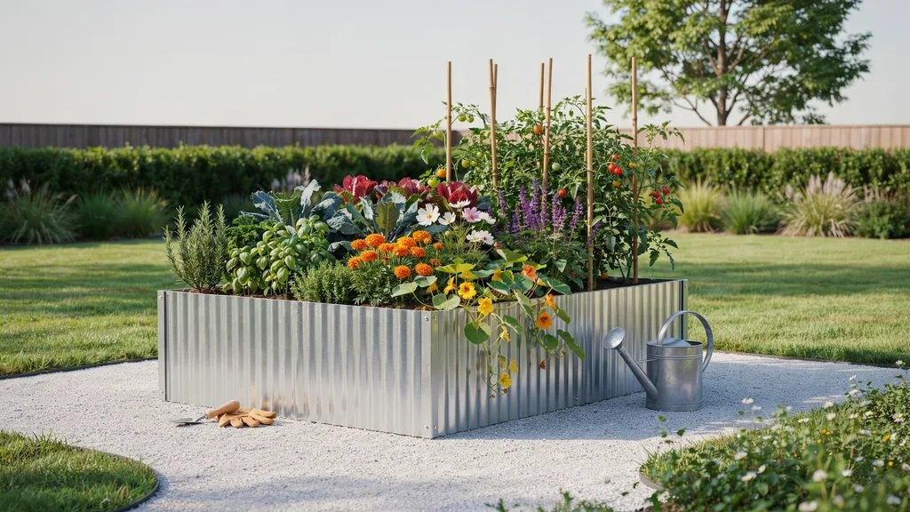 Galvanized steel raised garden bed filled with healthy vegetables, herbs, and colorful flowers in a modern backyard garden.