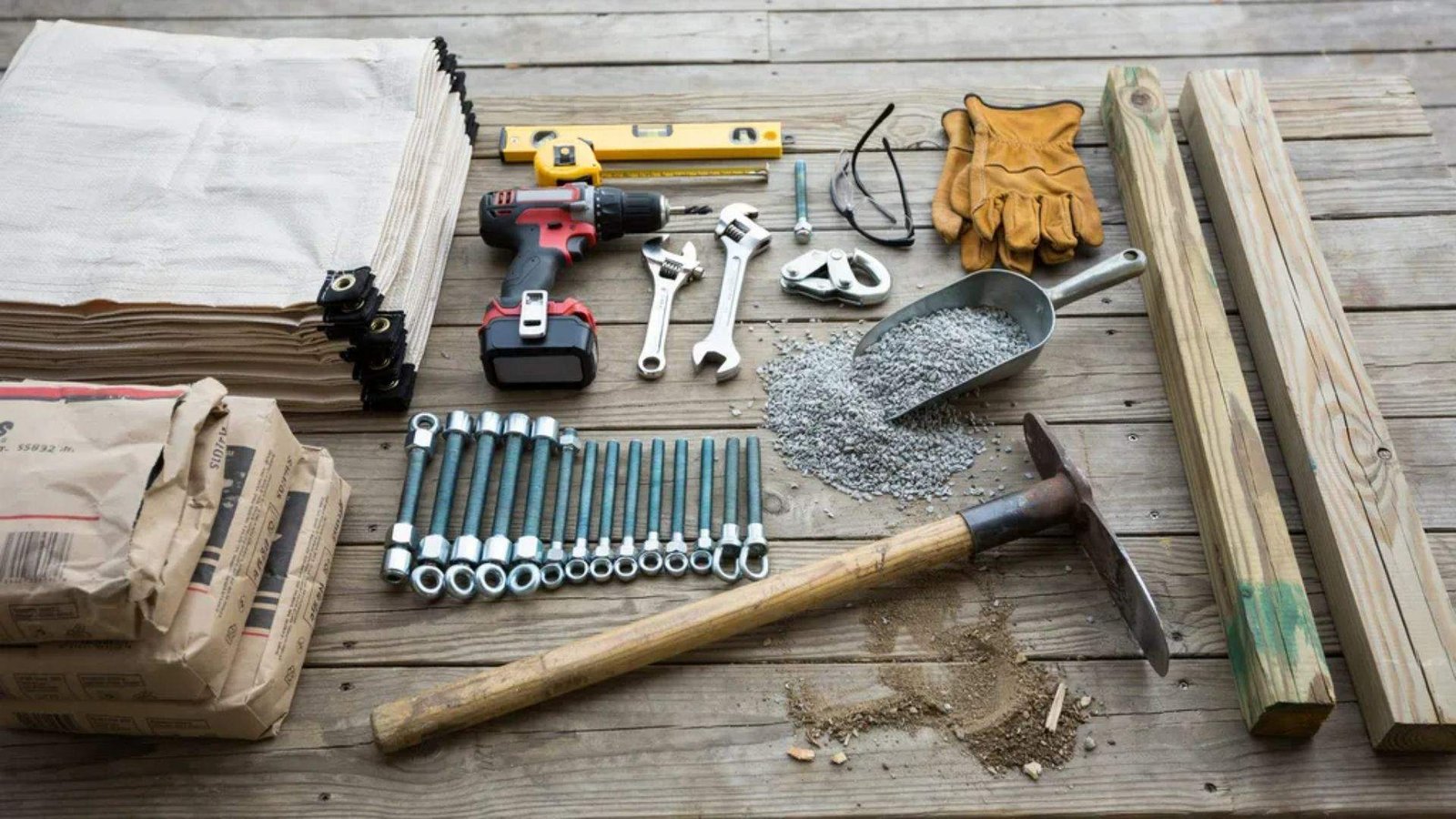 DIY shade sail installation materials arranged neatly on a workbench before installation.