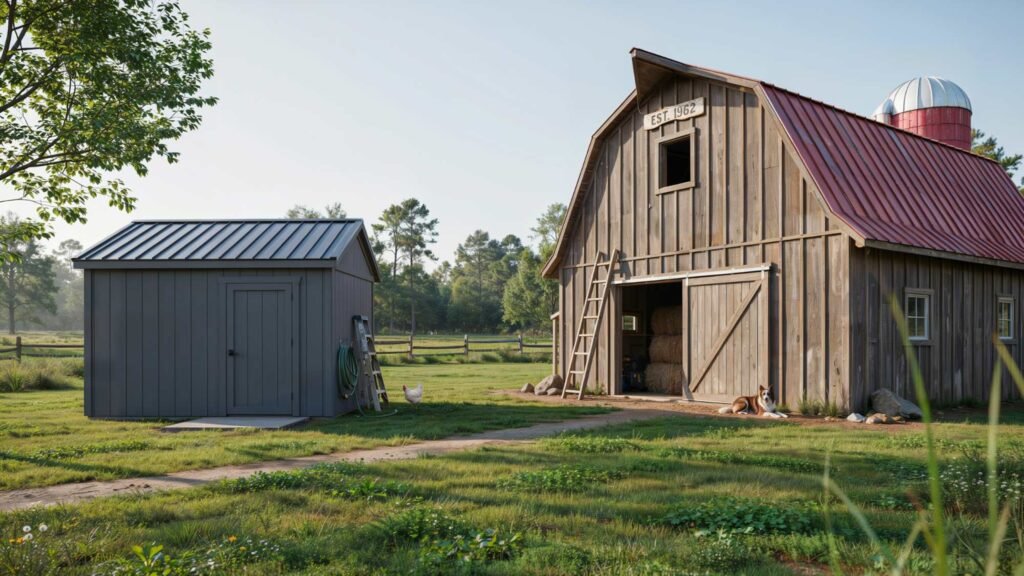 Shed vs barn comparison showing a backyard shed beside a traditional wooden barn.