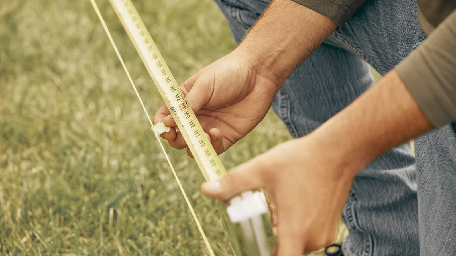 Measuring property line with tape and string for step down fence installation
