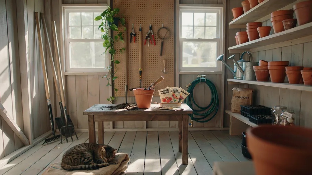 Organized garden shed interior with potting bench, tools, and storage shelves