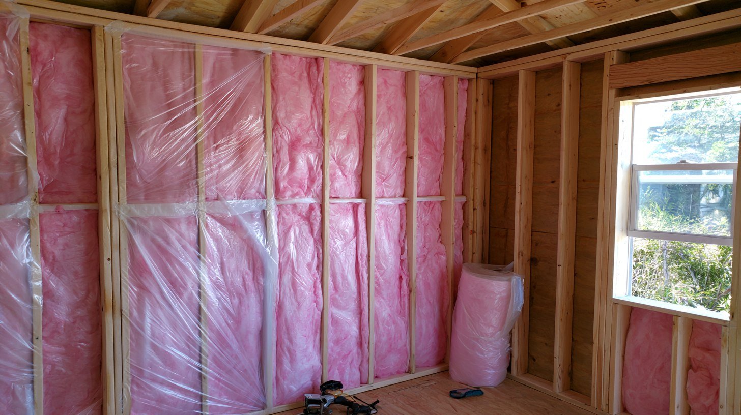 Shed interior with pink insulation batts between studs and plastic vapor barrier partly stapled up.