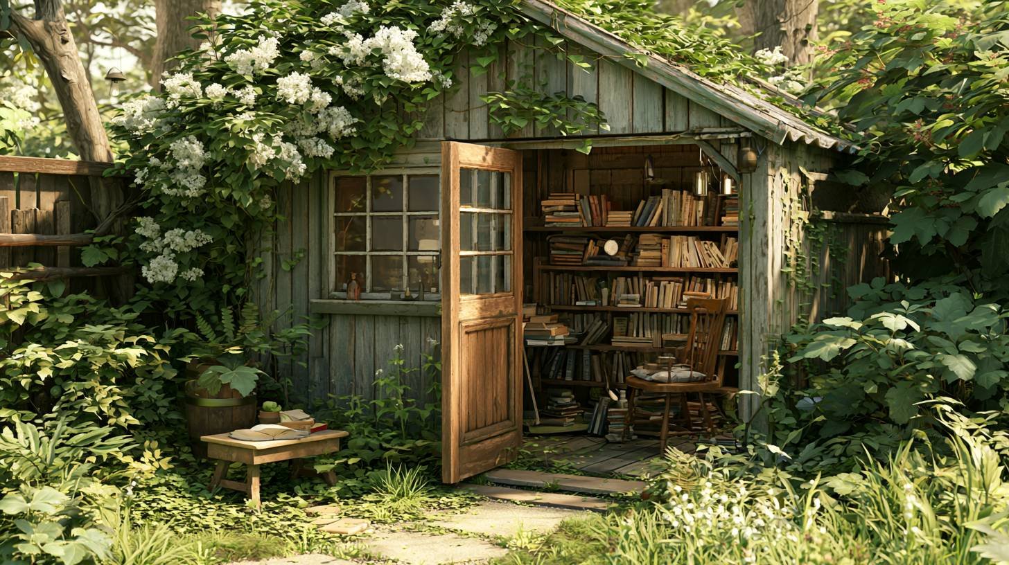 Wooden garden shed with open door, book-filled shelves, and reading chair surrounded by greenery.