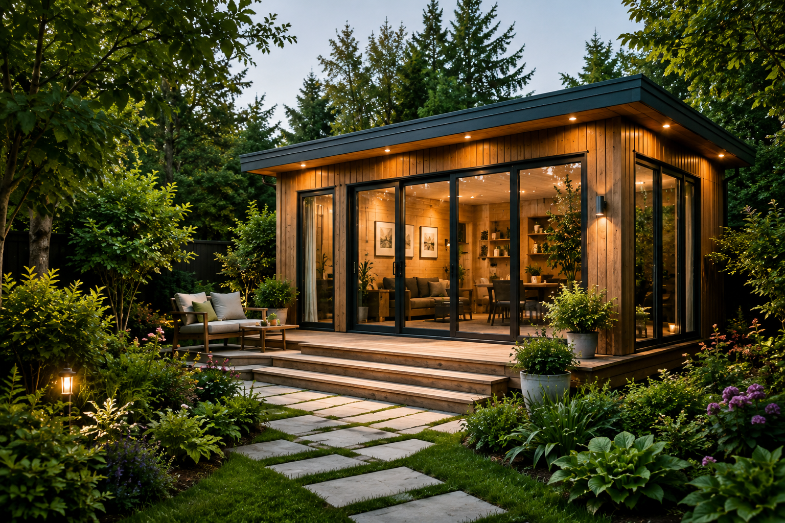 Modern garden cabin in a landscaped backyard
