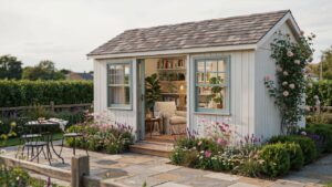  Cozy backyard she shed with stylish interior, plants, natural light, and peaceful garden surroundings.

