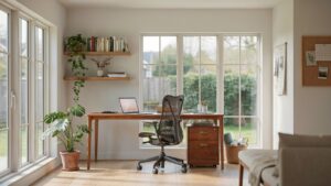 Modern she shed home office with desk, ergonomic chair, storage, and natural light.
