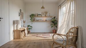 Stylish she shed interior with farmhouse decor, storage, natural light, and cozy furniture.
