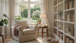 Cozy she shed reading nook with bookshelf, armchair, soft lighting, and garden views.
