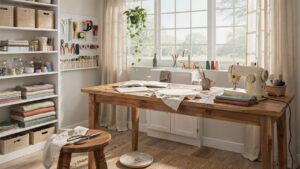  Organized she shed craft studio with workbench, shelves, pegboards, and creative supplies.
