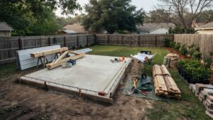 ackyard prepared for she shed construction with foundation, plans, and building materials. 
