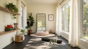 She shed yoga and fitness space with exercise equipment, mirror, and natural lighting.
A she shed can hold a yoga mat, light weights, resistance bands, and a small TV or speaker. 
