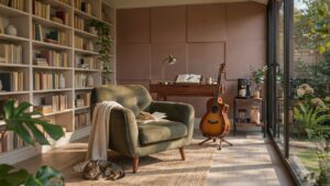 Creative she shed with bookshelves, writing desk, music corner, and cozy coffee station.
