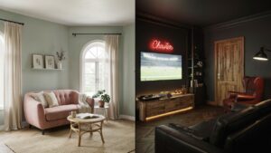 Side-by-side comparison of cozy she shed and entertainment-focused man cave interiors.
