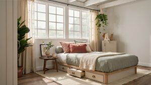 Cozy she shed guest room with a daybed, storage, bright windows, and relaxing decor.

