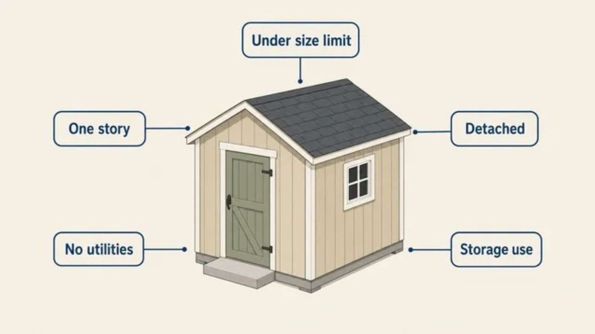 Diagram of a small one-story shed with five labels: under size limit, one story, detached, no utilities, storage use.
