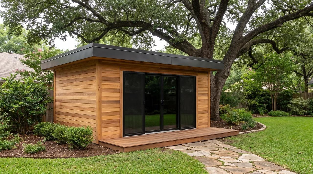 Modern wood shed with black glass doors, flat roof, deck, and large tree