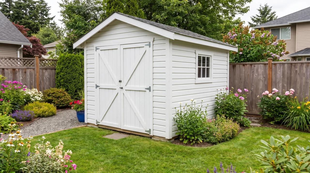 White backyard shed with wood doors, window, grass, and flower beds