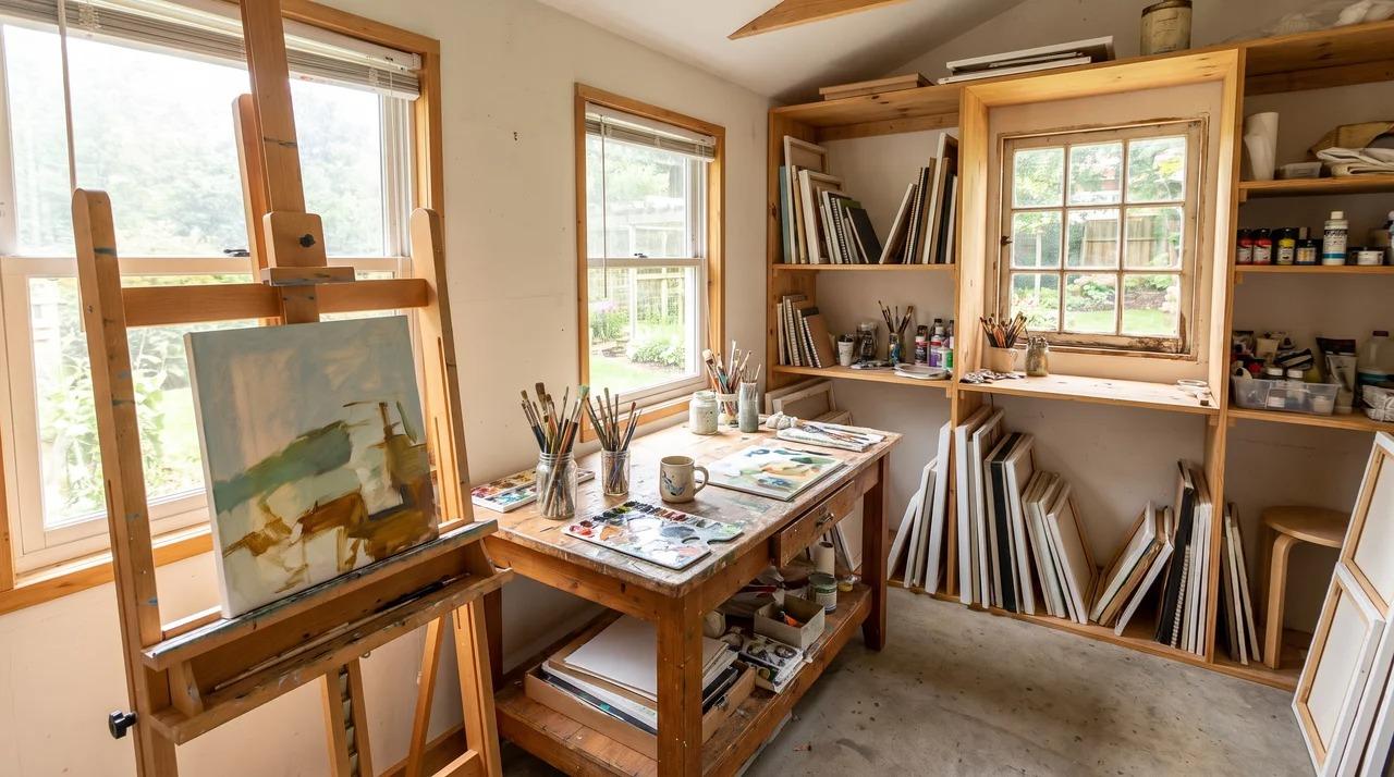 She shed art studio with easel, work table, shelving, and art supplies