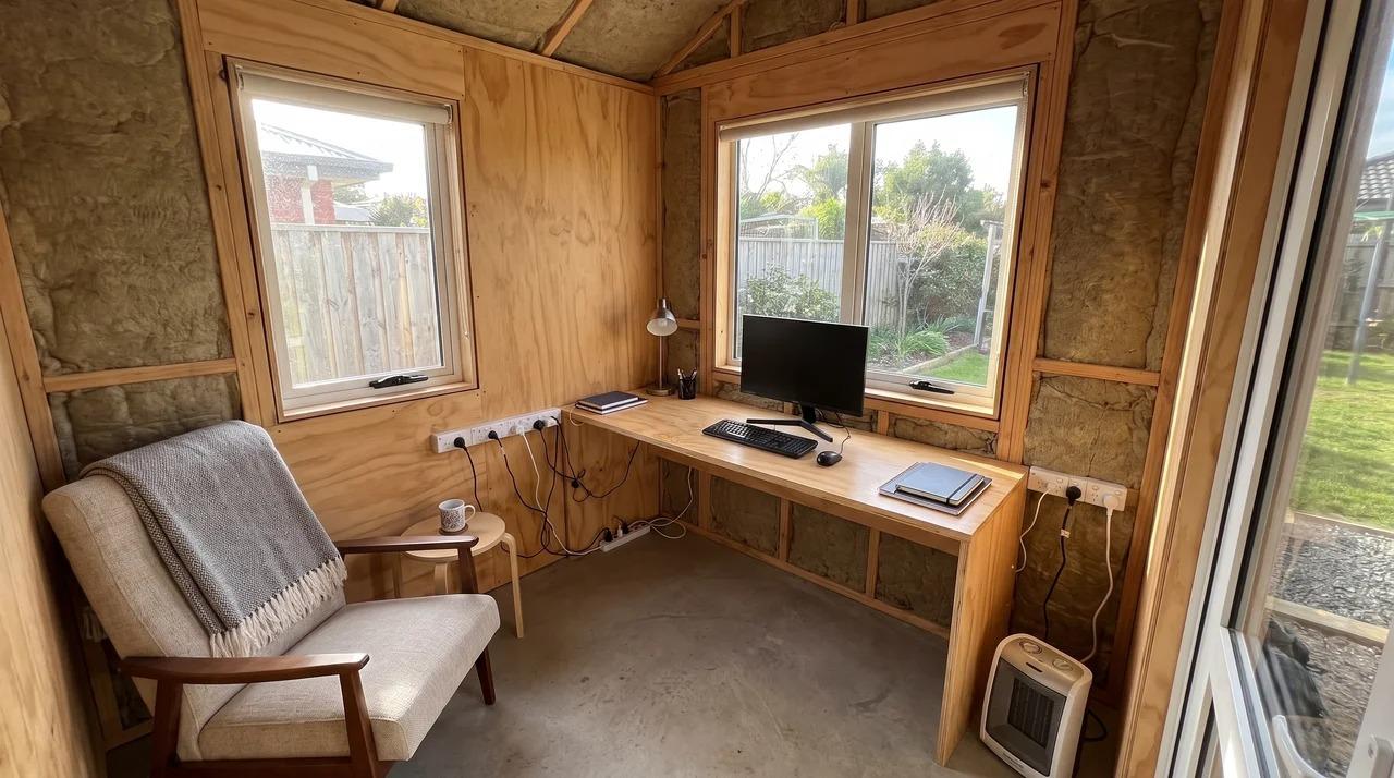 Backyard shed office with desk, seating area, windows, and workspace