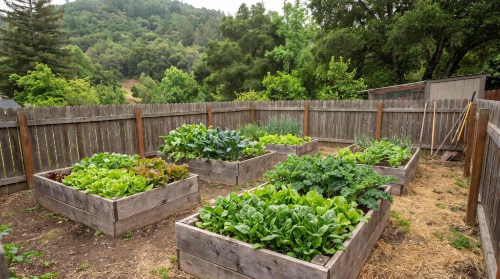 Wooden raised garden beds filled with leafy vegetables in a fenced backyard