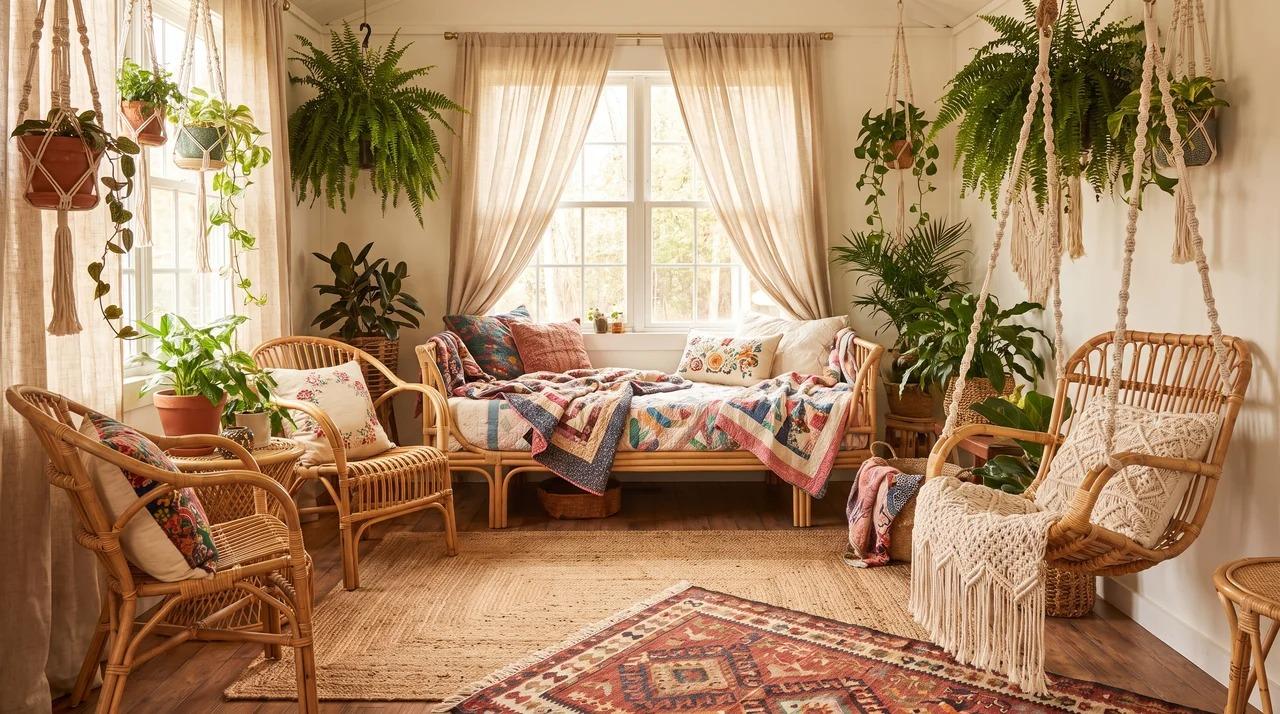 Boho she shed with rattan furniture, plants, textiles, and hanging chair
