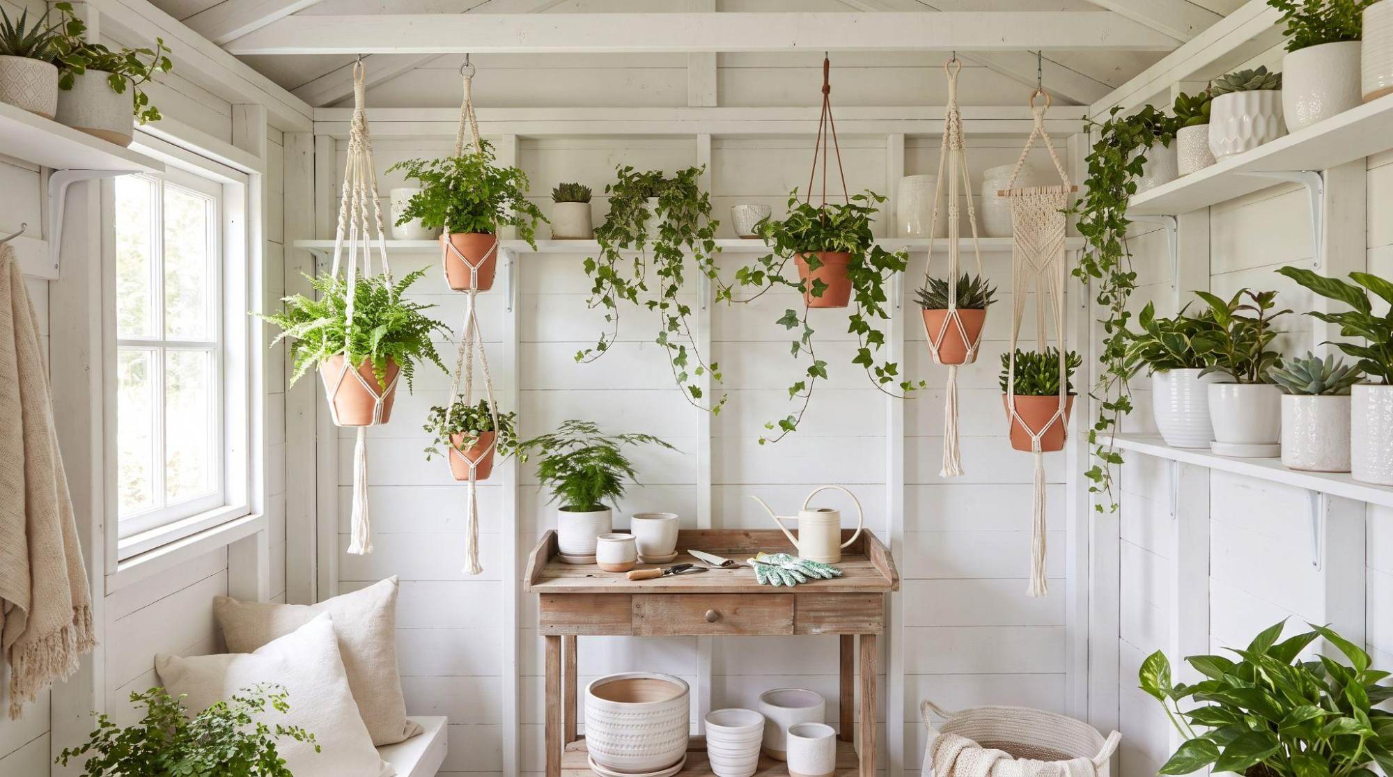 Botanical she shed with hanging planters, potting table, and indoor plants