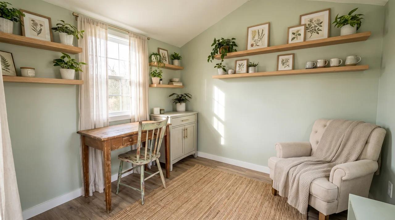 Budget she shed with painted walls, secondhand furniture, cabinet hardware, and decor