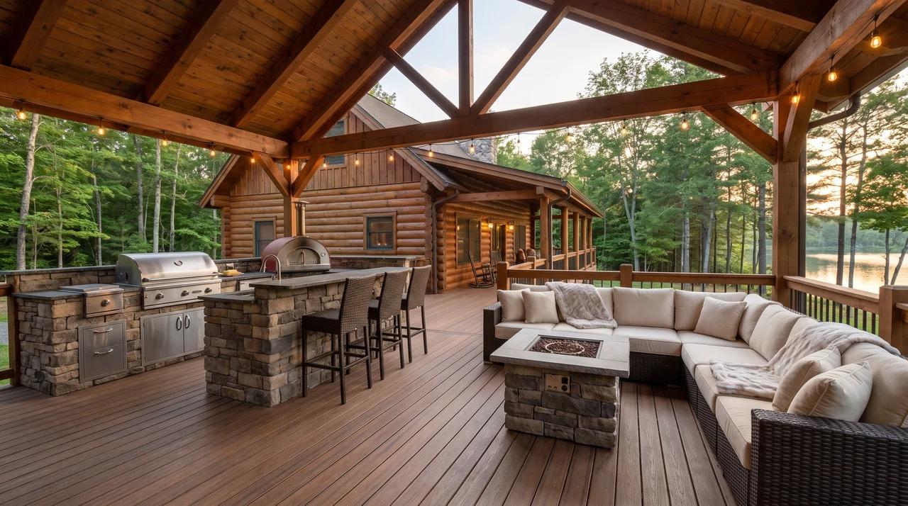 Covered outdoor deck with built-in kitchen, grill, and wicker sectional sofa