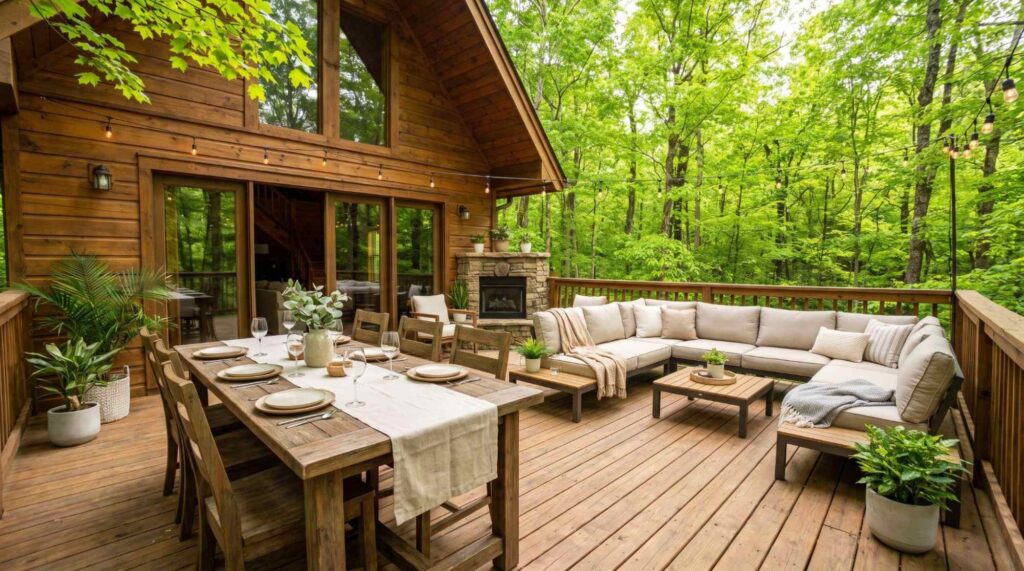 Wooden cabin deck with dining table, sectional seating, and green trees