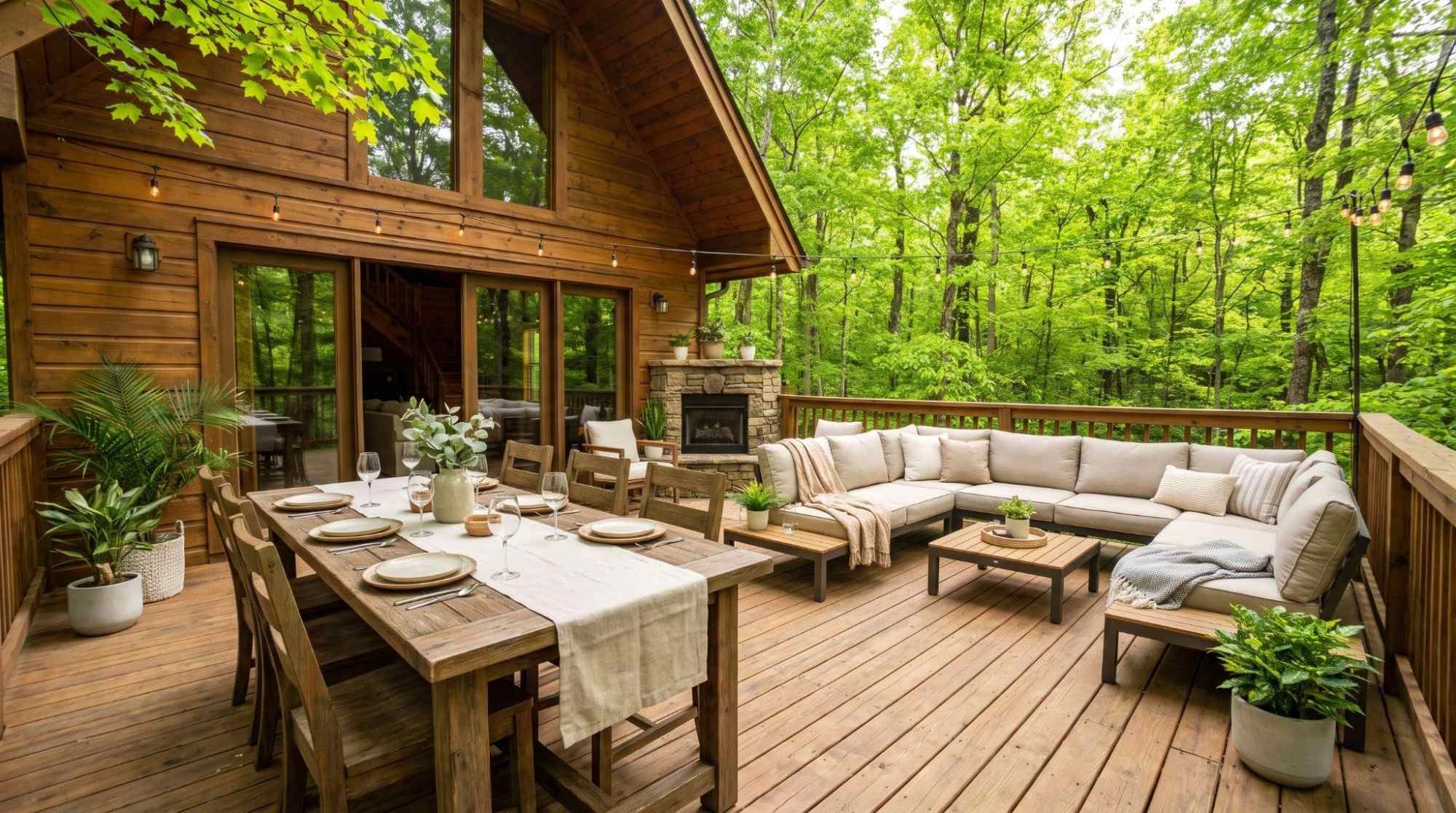 Wooden cabin deck with dining table, sectional seating, and green trees