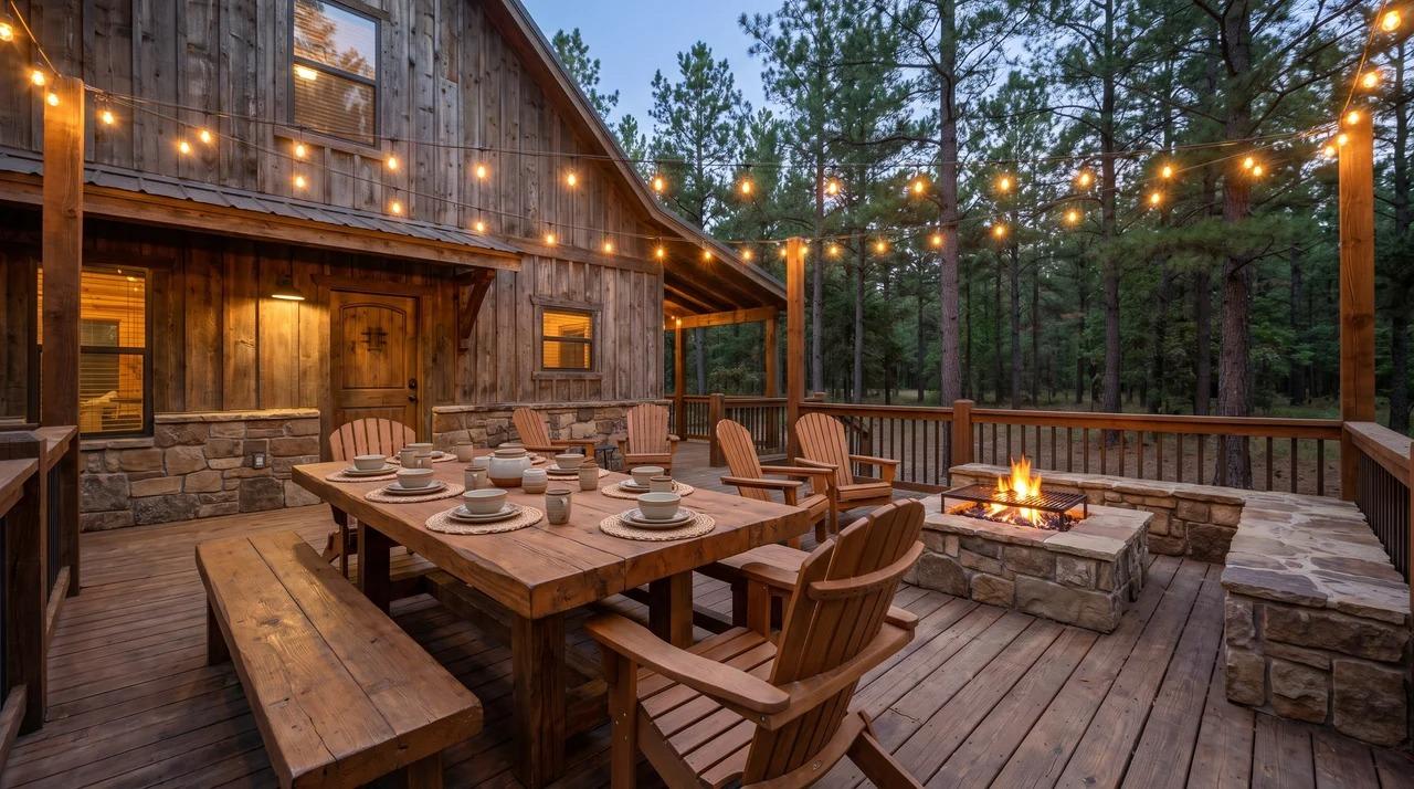 Wooden cabin deck with dining table, chairs, fire pit, and string lights