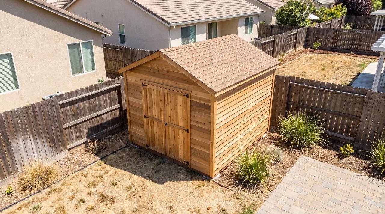 California backyard shed surrounded by a residential yard