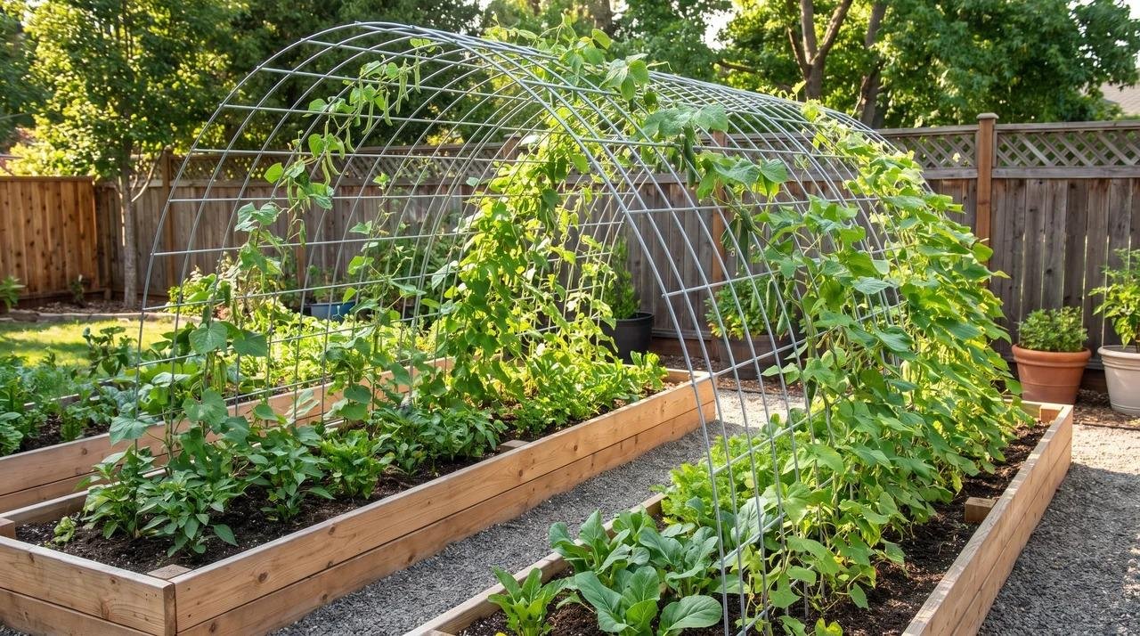 Galvanized cattle panel arch tunnel over raised garden beds with climbing vegetables
